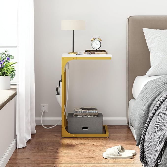 TUTOTAK C Shaped End Table with Charging Station, Side Table for Sofa | Couch Table with Storage Bag, TV Tray with 2 USB Ports and Outlets, Set of 2, Living Room and Bedroom, TB01BWG0242