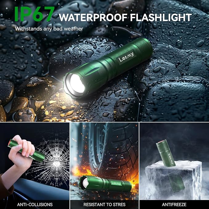 LETMY Tactical Flashlight - 2 Pack Bright Military Grade LED Flashlights High Lumens - Portable Handheld Flash Light, 5 Modes Zoomable Waterproof Flashlights for Home Emergency Camping- Green