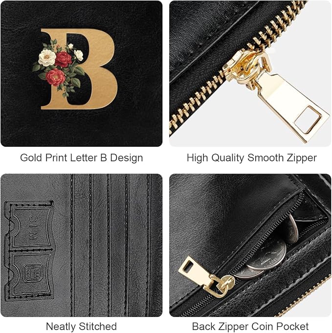 Passport Holder for Travel Personalized Wallet with Wristlet Women | Passport Cover, RFID Blocking, Passport Book Holders, Back Coin Pocket, Zipper Closure, Roses Initial Letter, Black B