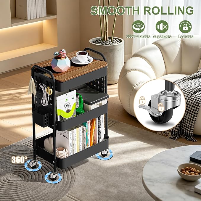 3 Tier Rolling Cart with DIY Pegboard, Metal Utility Cart with Table top | Sturdy Storage Organizer Cart with 360°Swivel Wheels& Locking Wheels, Hooks& Cups for Office, Classroom, Kitchen and Bathroom