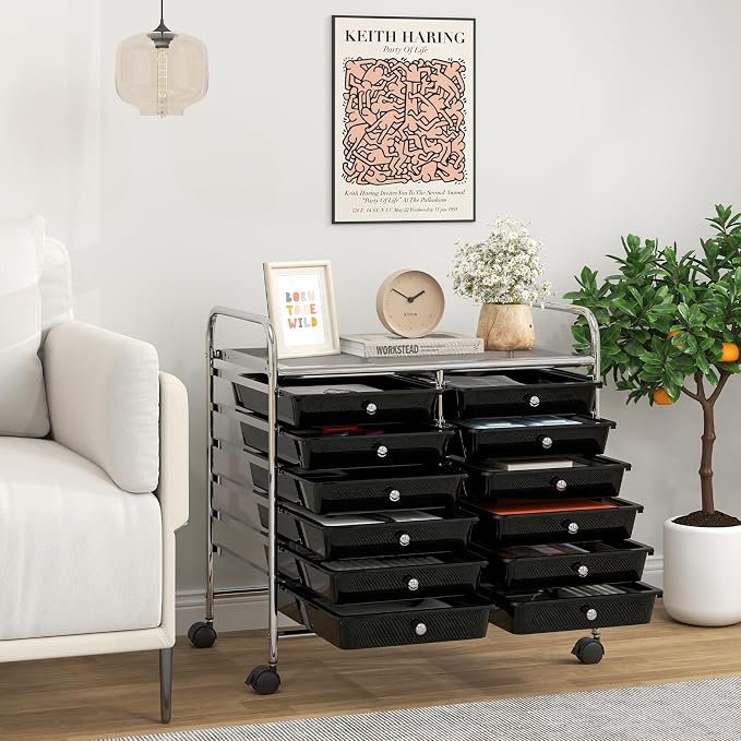 COSTWAY 12-Drawer Rolling Storage Cart, Utility Storage Organizer Cart | For Tools, Scrapbook, Paper, Craft, Multipurpose Art Supply Organizer on Wheels for Home Office School, Teacher, Black