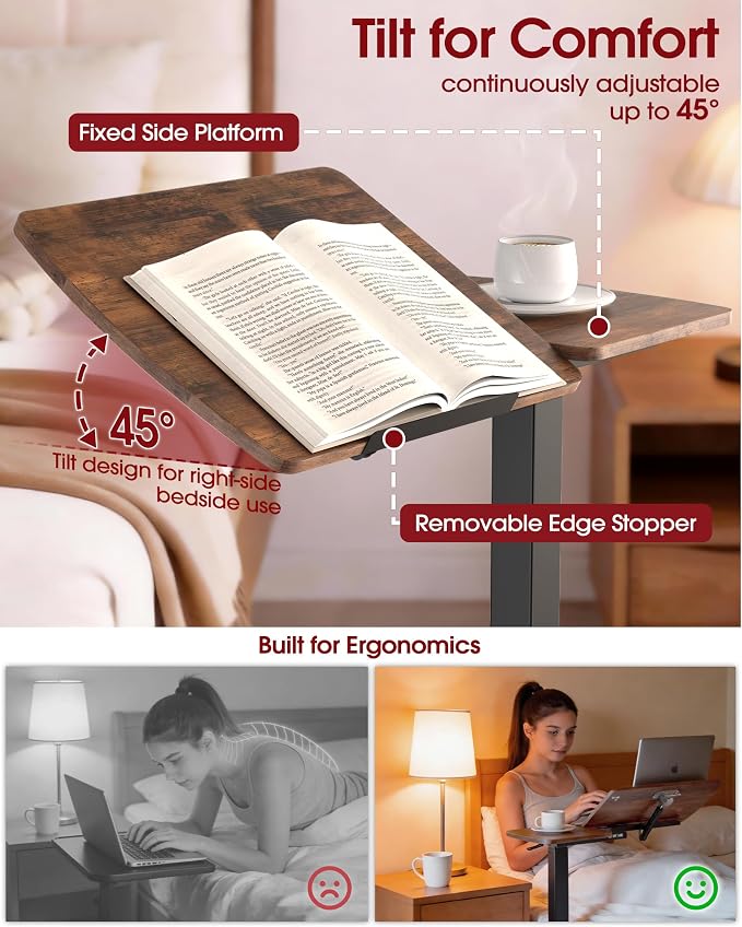 Sakugi Overbed Bedside Table with Wheels, Right-Side Tilt Top, Laptop Desk | Home & Office, Hospital Bed Table, Rolling Bed Tray, Height Adjustable, Brown,12.9" D × 27.6" W × 29.1"–39" H