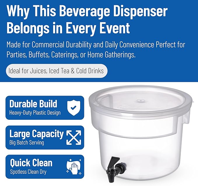 Carlisle FoodService Products Round Beverage Dispenser Drink Dispenser with Spigot for Catering, Plastic, 3 Gallons, Clear