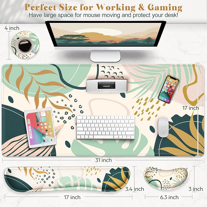 Gimars 4 in 1 Mouse Pad and Keyboard Wrist Rest Set, Large Mouse Pad with Memory Foam Wrist Support Pad for Desk with Coaster, Easy Typing Pain Relief, Gaming Office Home, 31.5x12 inch, Morandi Blue