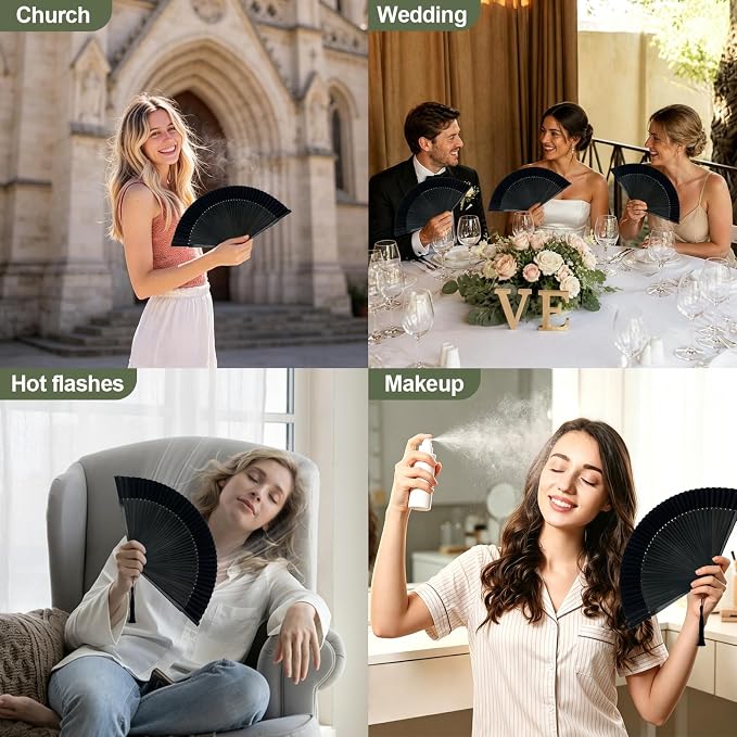 EOSAU Bamboo Hand Fan Foldable 8.3 Inch, Portable Folding Fan with Pouch for Church Wedding Makeup, Small Decorative Cooling Fan for Women (Black/Solid)