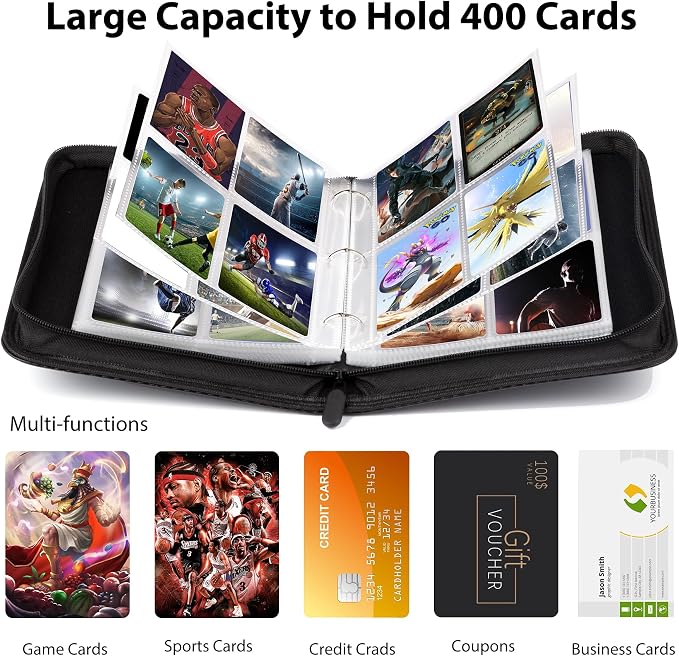 WOT I Trading Card Binder, 400 Pockets Card Binder Sleeves with Zipper, Double Sided Pockets Card Holder Carry Card Case for Baseball Card, Football Card