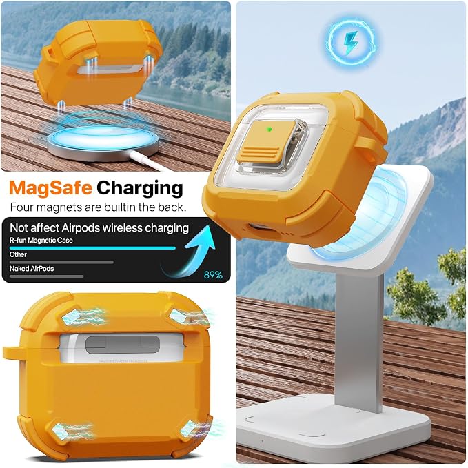 R-FUN for AirPods 4 Case with Lock Magnetic Lid MagSafe, Yellow | Compatible with Apple AirPods 4th Generation Protective Case with Cleaner Kit & Carabiner, Powerful Drop Protection