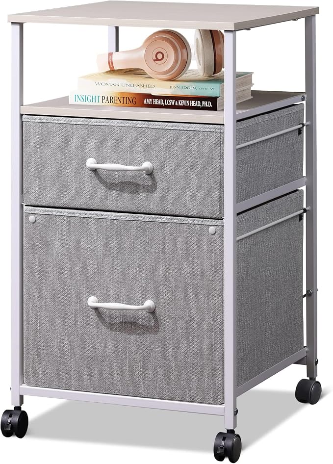 DEVAISE 2 Drawer Mobile File Cabinet with Open Storage Shelf | Rolling Printer Stand, Fabric Vertical Filing Cabinet fits A4 or Letter Size for Home Office, Light Grey