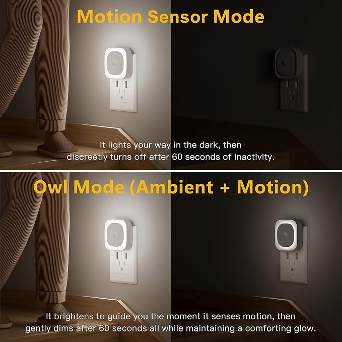 YUNLEX 2 Pack Plug in Night Light with Motion Sensor & Dusk to Dawn Sensor, 3 Sensor Modes, Night Lights Plug into Wall, Auto ON/Off, Dimmable Nightlight for Bathroom, Stairs, Kitchen, Cool White