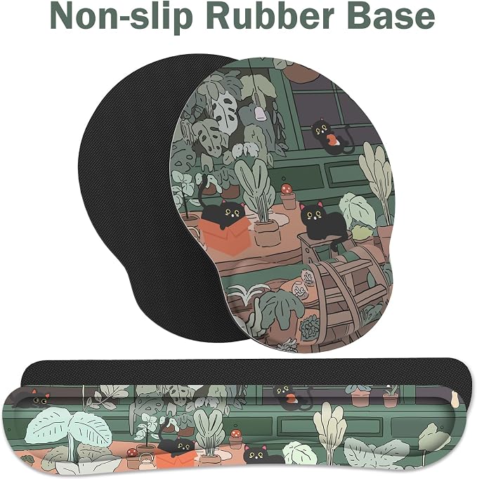 Ergonomic Mouse Pad with Wrist Rest and Keyboard Wrist Rest, Mousepad | Memory Foam Wrist Rest for Computer Keyboard, Pain Relief, Non-Slip Rubber Base, Mouse Pad with Wrist Support for Gaming, Cat