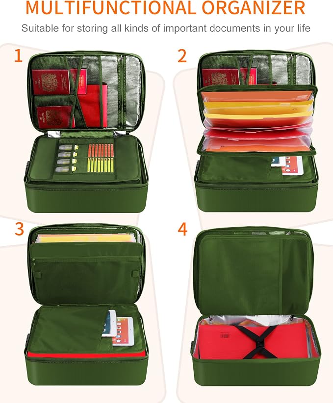 Fireproof Document Box with Lock 5200℉ Water Resistant | Portable ,Home ,Travel Strong Document Storage Organizer with 7 pockets for Important Documents and File ,Green