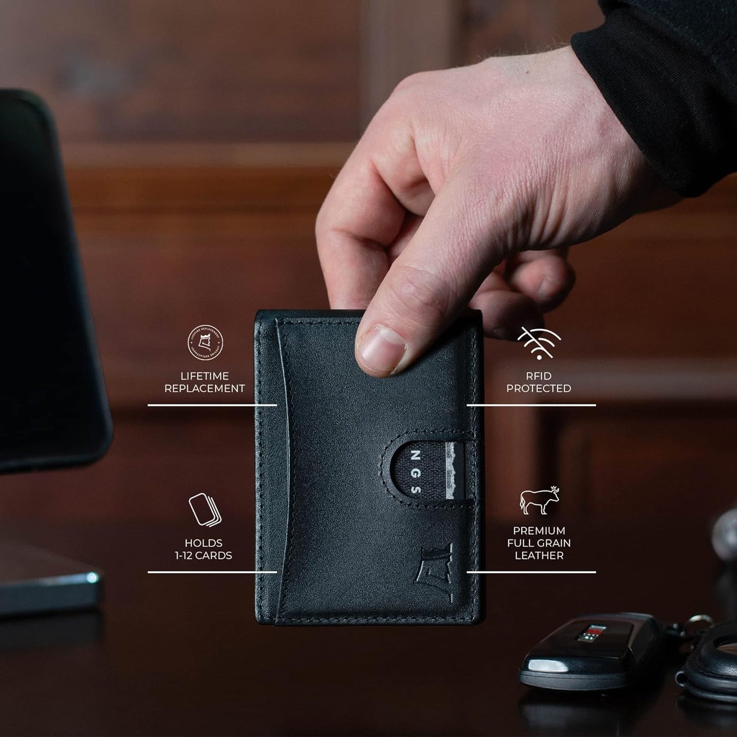 Kings Loot Money Clip Slim Minimalist Wallet for Men – RFID Blocking Leather Design with Money Clip – Front Pocket Bifold Holds 12 Cards – Stylish & Compact Wallets (Black/Premium Engraved)