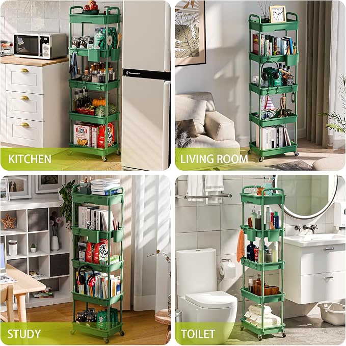 Sorgion 5 Tier Rolling Cart Organizer,Bathroom Cart Organizers with Wheels Laundry Room Organization Mobile Shelving Unit Utility Cart Storage Shelves Multi-Functional for Office, Home(Green)