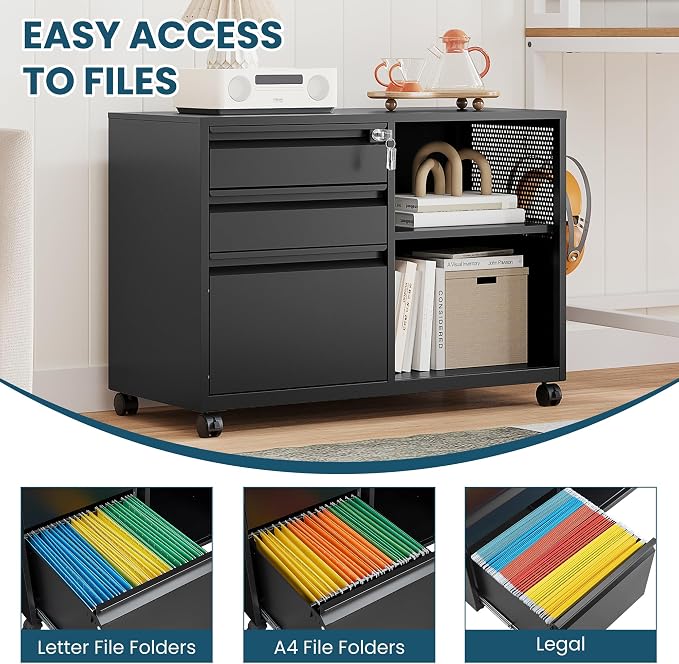 MIIIKO 3 Drawer File Cabinet with Lock, Metal Lateral Rolling Printer Stand Office Storage Filing Cabinets for Home Office,A4, Letter,File Folders(Black)