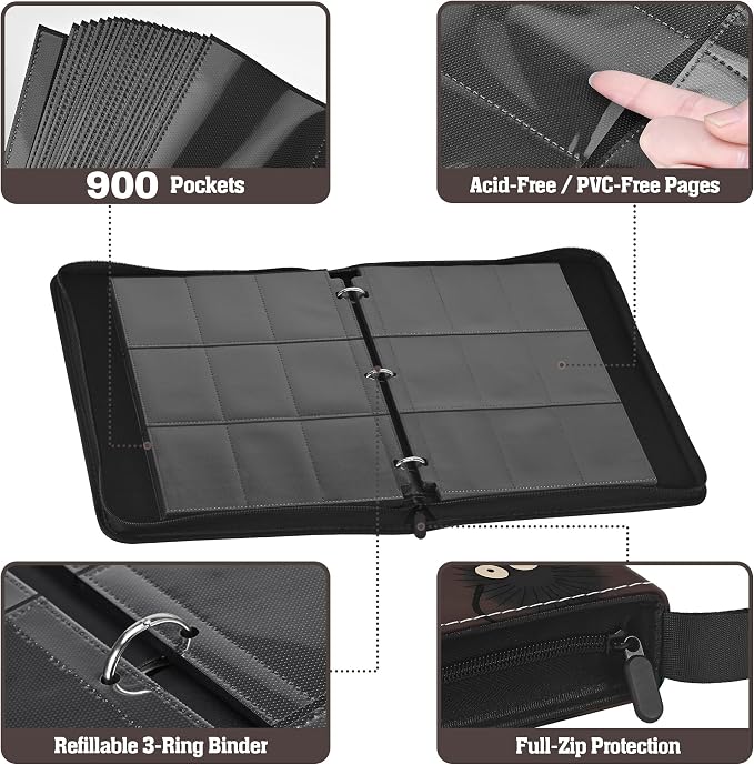 9-Pocket Trading Card Binder & Sports Card Book, 3-Ring Zipper Album Holds 900 Cards with 50 Removable Pages, Fits Standard 2.5" x 3.5" Game & TCG Cards, Water-Resistant PU Cover | 3-Ring Zipper Album, Holds 900 Cards, 50 Removable Pages, Fits 2.5" x 3...