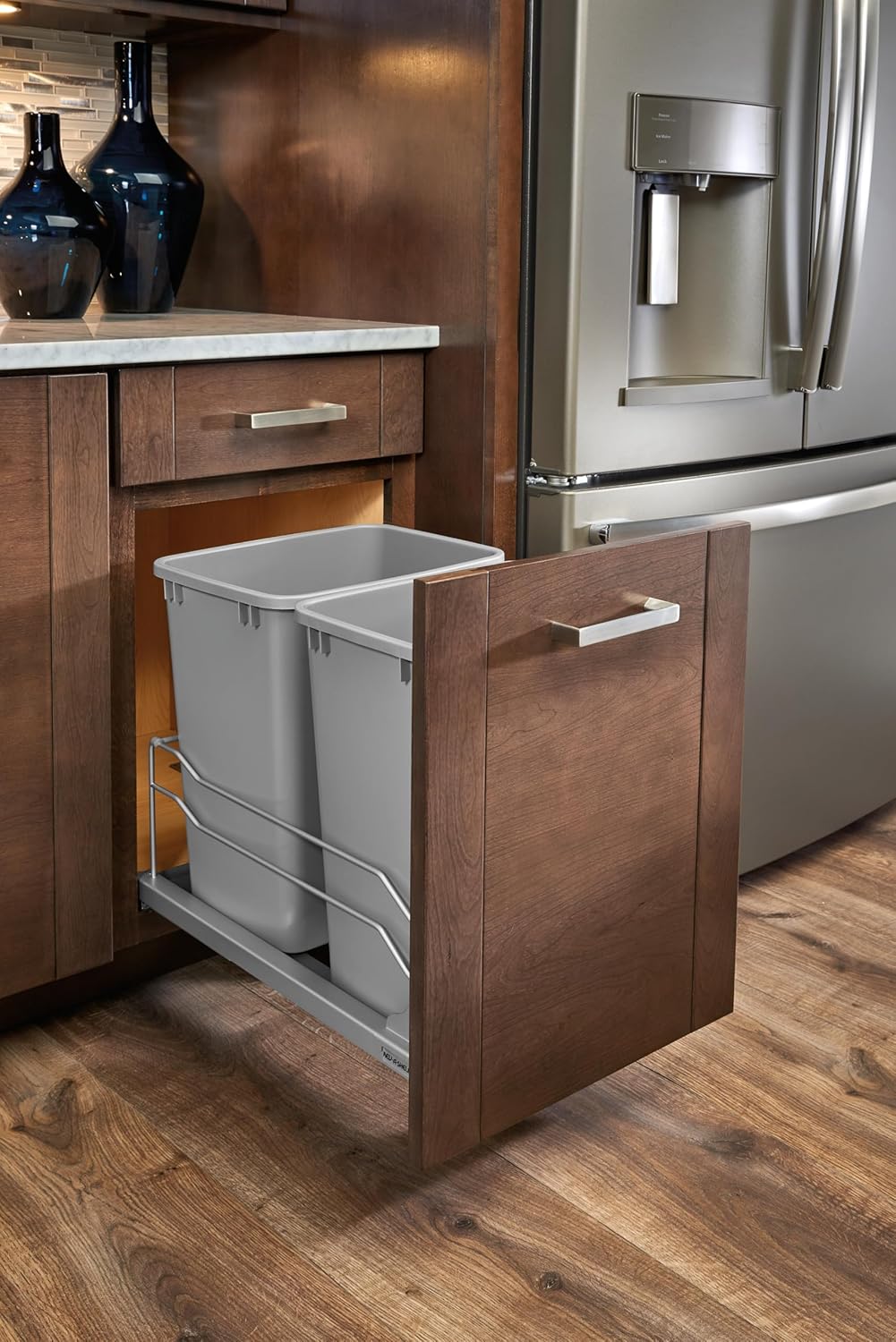 Rev-A-Shelf Double Pullout Trash Can for Base Kitchen Cabinets 27 Quart 12.5 Gallon with Soft-Close Slides, Metallic Silver, 53WC-1527SCDM-217