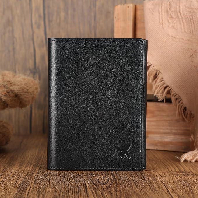 Polare Napa Leather Pilot Wallet Passport Holder RFID Blocking Tri-fold Travel Cover Document Organizer for Aviation Professionals (Black)