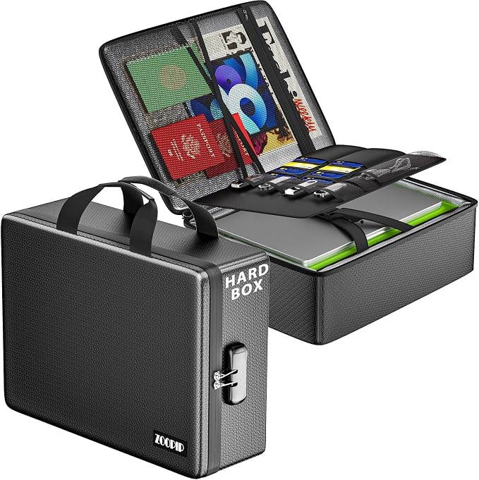 Fireproof Document Box with Lock, Hard-Shell File Organizer, Black | Water-Resistant Zipper,Letter Size,Large Capacity,Portable Safe Storage for Important Paperwork,Passports,Certificates