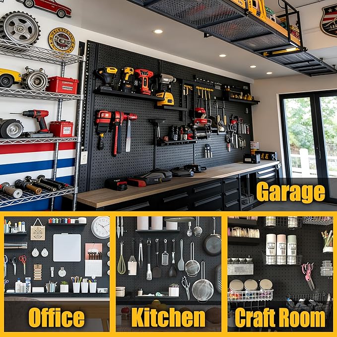 Spampur Peg Board, 8 Pack Metal Pegboard Panels with 50 Hooks | Black Pegboards Wall Organizer, Heavy Duty Peg Board for Garage Tool Storage, Office Organization, Craft Room, Kitchen