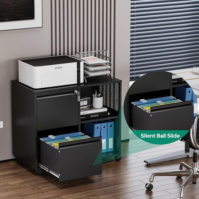 Mobile File Cabinet, Metal Lateral Rolling Printer Stand Filing Cabinets with Shelves for Home Office-Storage A4/F4 (Black)