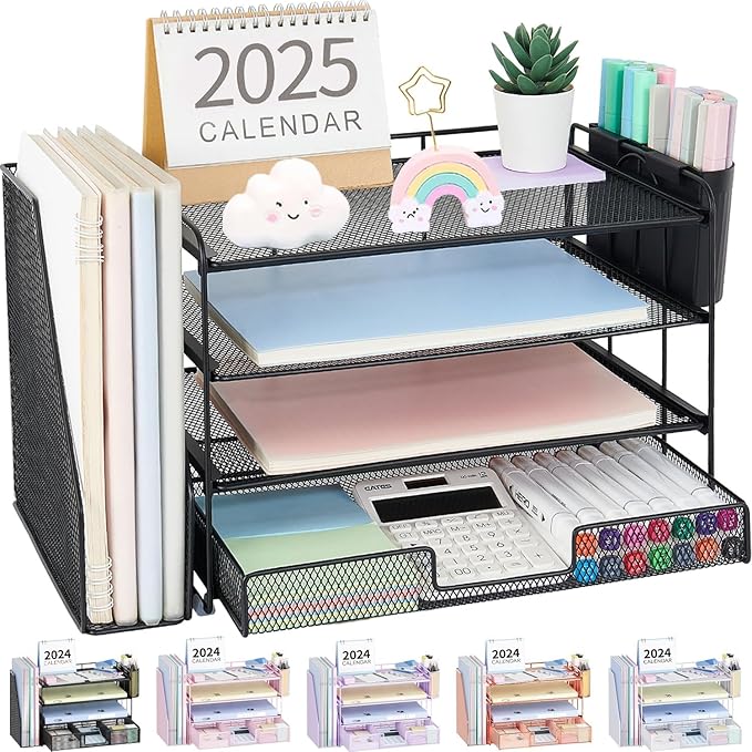 Desk Organizer, 4-Tier Desktop File Organizer with Drawer and Pen Holders, Office Desk Accessories, File Sorters, Workspace Organizers for Office Supplies(Black 2-Pack)