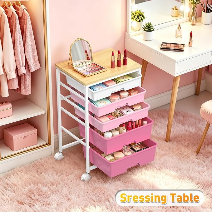SUNALLY Rolling Carts with 5 Drawers, Storage Drawer Carts for Craft, Pink | Rolling Utility Cart with Wooden Tabletop & 2 Lockable Wheels, Teacher Storage Cart for Classroom School, Makeup, Nail, Art