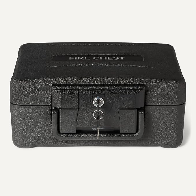 Amazon Basics Fire-Resistant Waterproof Fire Chest with Mechanical Key, for Documents, Jewelry, Money, 0.22 cu. ft, Black