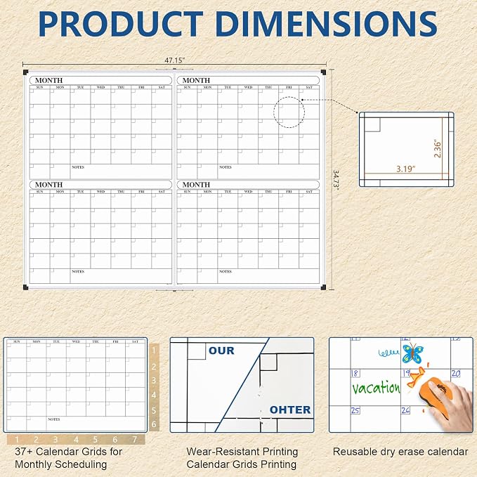 XBoard Magnetic Calendar Whiteboard 48x36 inch, 4 Month Dry Erase Board Planner with Silver Aluminium Frame, Foldable White Board Calendar for Home School Office Organization