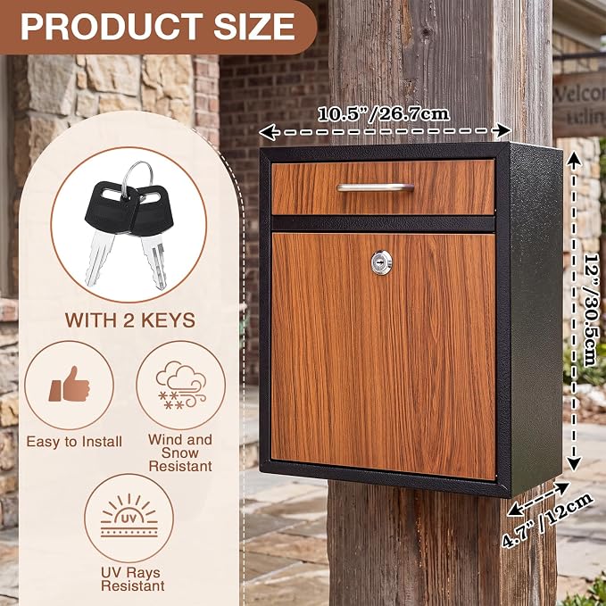 Yaocom Locking Mailbox with Key for Outdoor 12 x 10.5 x 4.7 Inches Large Wall Mount Mail Box with Lock Security Mail Drop Metal Collection Boxes Hanging Secure Postbox(Wooden)
