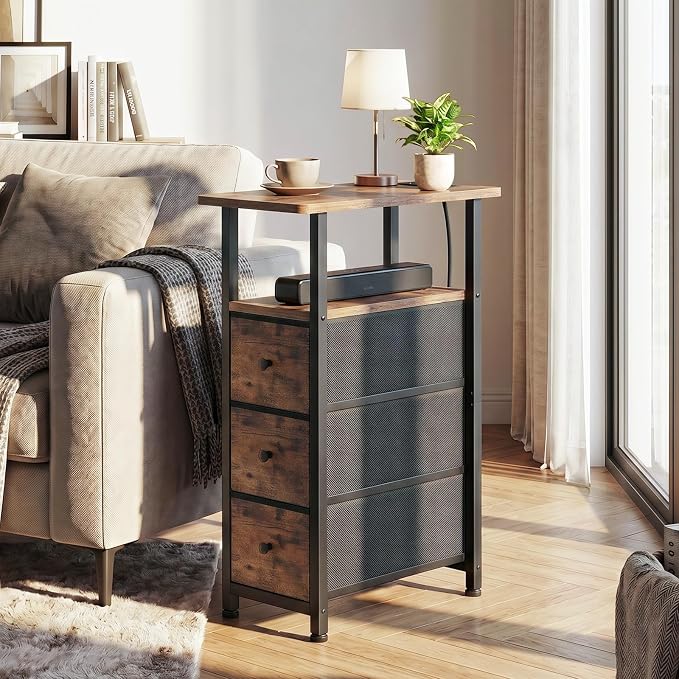 Narrow End Table with Charging Station, Small Nightstand | Skinny Side Tables Living Room with 3 Fabric Drawers, Slim Bedside Table for Bedroom, Small Spaces, Couch, Rustic Brown