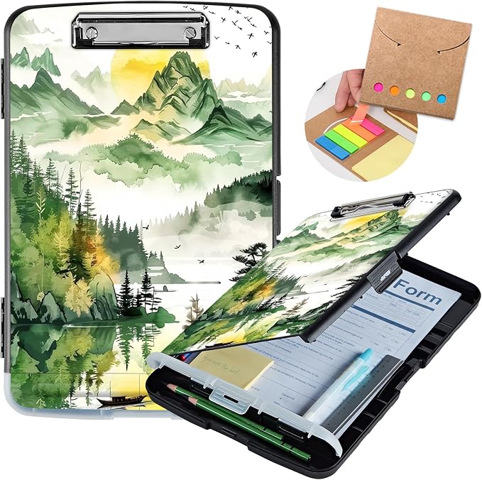Clipboard with Storage,Storage Clipboard with Pen Holder,Heavy Duty Plastic Storage Clipboard with Low Profile Clip,Teacher Must Haves,Clipboard Folder,Office Supplies,Forest and Lake -1360