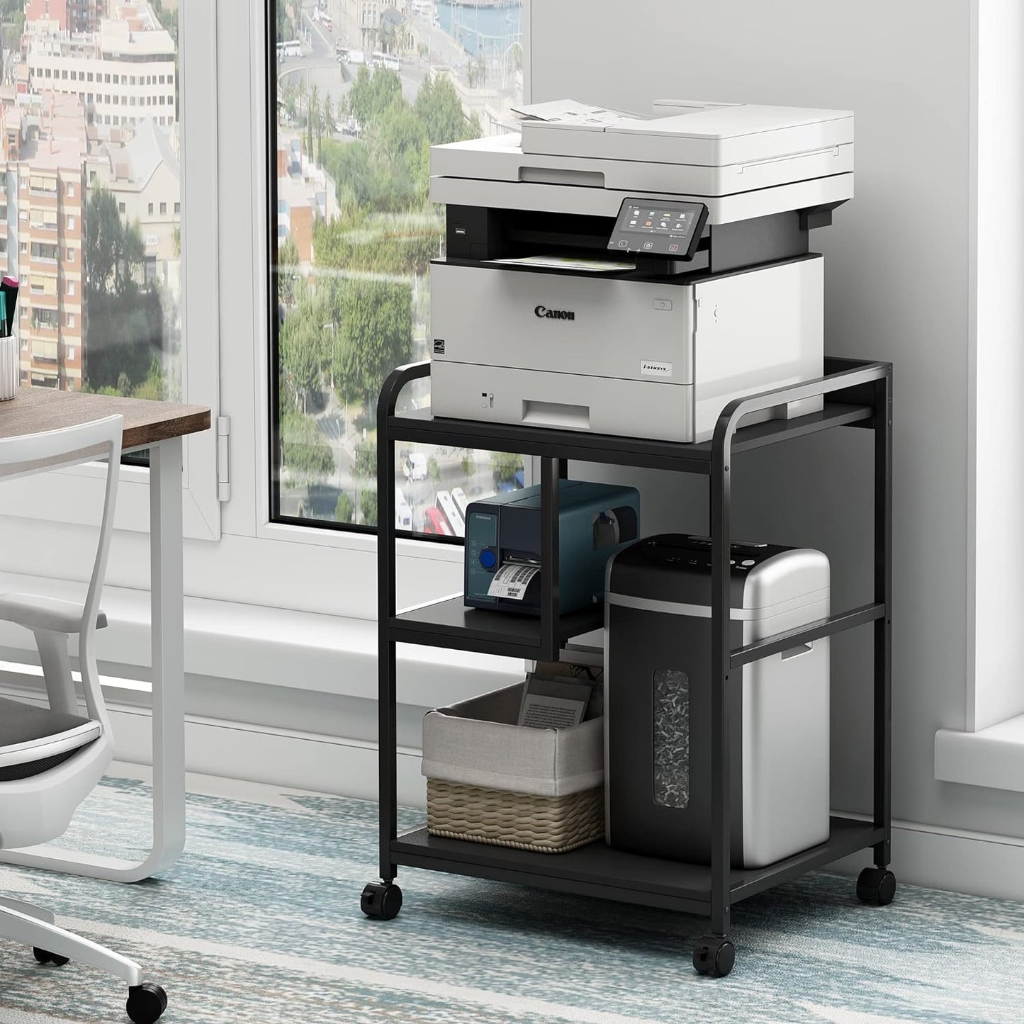 Printer Stand with Storage Shelf for Home Office Organization, 22 x 18 Inch Large Printer Table with Wheels, Shredder Stand, CPU Stand, Rolling Cart for Host Computer, PC Tower, Desktop- Black