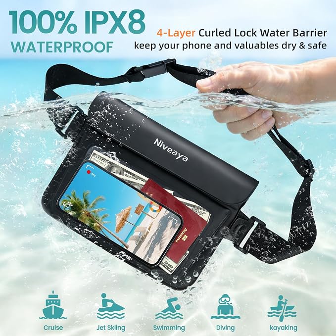 Niveaya Double Space Waterproof Fanny Pack, IPX8 Waterproof Dry Bag Waist Pouch for Beach, Kayaking, Swimming, Boat Travel Essentials, Waterproof Phone Bag & Passport Holder for Women Men(2 Pack)