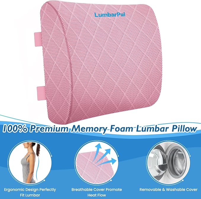 Lumbar Support Pillow for Office Chair, Back Support, Memory Foam, Pink | Improve Sitting Posture & Back Pain Relief. Lumbar Pillow Fits Office, Gaming & Car Chairs with Adjustable Dual Straps