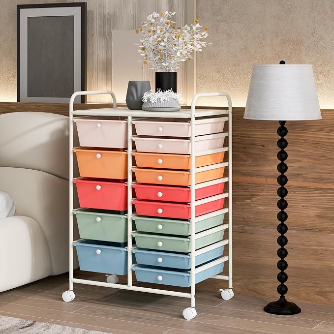 RELAX4LIFE 15-Drawer Storage Drawer Carts - Mobile Rolling Utility Cart w/Wheels, Craft Organizer for Classroom Organization and Storage, School, Office, Home, Storage Organizer Cart (Macaron)