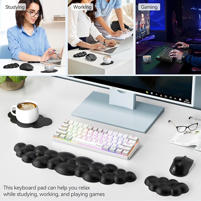 TECKNET Cloud Keyboard Wrist Rest Set, Cloud Wrist Rest with Non-Slip Base, PU Leather Wrist Pad for Keyboard with Ergonomic Memory Foam for Computer Laptop Office Gaming and Pain Relief, Black
