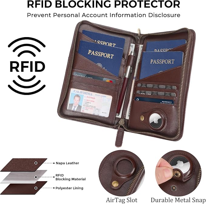 Polare Napa Leather Passport Holder Cover Case for Men and Women RFID Blocking Family Travel Wallet Holds 6 Passports (Coffee with AirTag Slot)