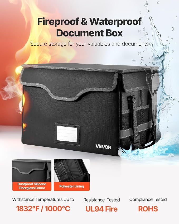 VEVOR Fireproof Document Box, 1832 ℉ Heat Insulated Fireproof & Waterproof Box with Lock, Portable File Storage Security Organizer Home Office Travel Use, for Passports, Important Documents & Files
