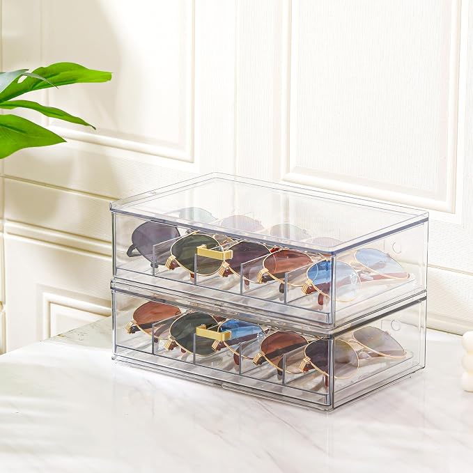 LALOBLUE Clear Acrylic Sunglasses Organizer, Stackable Eyeglass Storage Case with Gold Handles, Glasses Display Holder