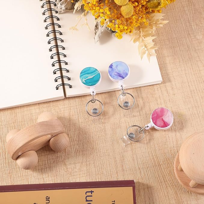 BESARME 3 Pack Badge Reels Retractable Badge Clip with Key Ring Retractable Badge Holders for Office Worker Teacher Nurse Student（Marble）