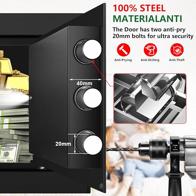 1.3 Cubic Feet Small Fire Safe Box for Home, Fireproof Safety Lock Box with Digital Keypad, Spare Keys and Removable Shelf, Personal Security Home Safes for Money, Jewelry, ID Documents