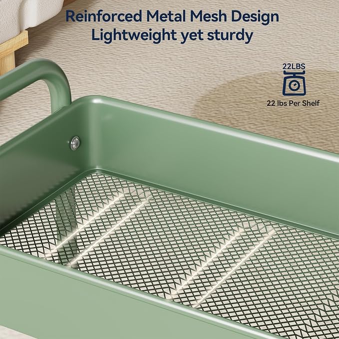 3-Tier Rolling Cart, Green, 66 Pounds Capacity, Mesh Storage Organizer with Lockable Wheels, 3 Hanging Cups, 4 Hooks, Easy Assembly, for Kitchen, Bathroom, Laundry, Grocery | Sturdy Rolling Storage Cart With Hooks & Hanging Cups, Great For Craft, Art W...