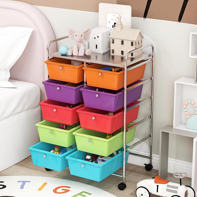 COSTWAY 10 Drawer Rolling Storage Cart, Utility Cart with Lockable Wheels | Mobile Art Supply Craft Organizer with Metal Frame, Multipurpose Drawer Cart for Paper for Office, School, Multi-color