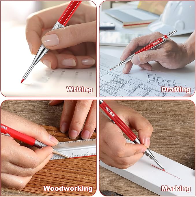 Enhon 2mm Carpenter Pencil Set with 12 Refills and Sharpener, Red | Woodworking Marking Tool Solid Deep Hole Construction Mechanical Pencil, Extended Needle-Nose Tip for Use in Jobs