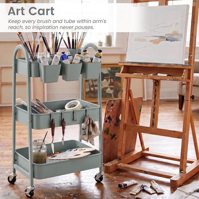 3-Tier Rolling Cart, Utility Cart Mobile Metal Rolling Storage Cart with Lockable Wheels & Hanging Cups & Hooks for Kitchen, Bathroom, Office, Workshop, Gray Blue