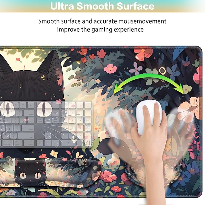 4-in-1 Mouse Pad Anime, Mouse Pad with Wrist Rest, | XXL Large Desk Mat Kawaii Mousepad with Gel Wrist Support Keyboard Wrists Rest Coaster, Ergonomic Gaming Cat Desk Pad