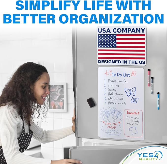 23x15” Magnetic Dry Erase White Board for Fridge w/ 3 Markers & Eraser | Yes4Quality Stain-Resistant Whiteboard Planner Organizer Sheet, Sticks to Most Refrigerators, Colorful Markers, Magnet Eraser