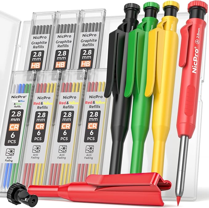 Nicpro 4 Pack Carpenter Pencils with Sharpener & Holster, Carpenter Tools | Mechanical Carpenter Pencils with 52 Refills, Heavy Duty Construction Pencil, Comfort Grip Woodworking Pencils for Architect