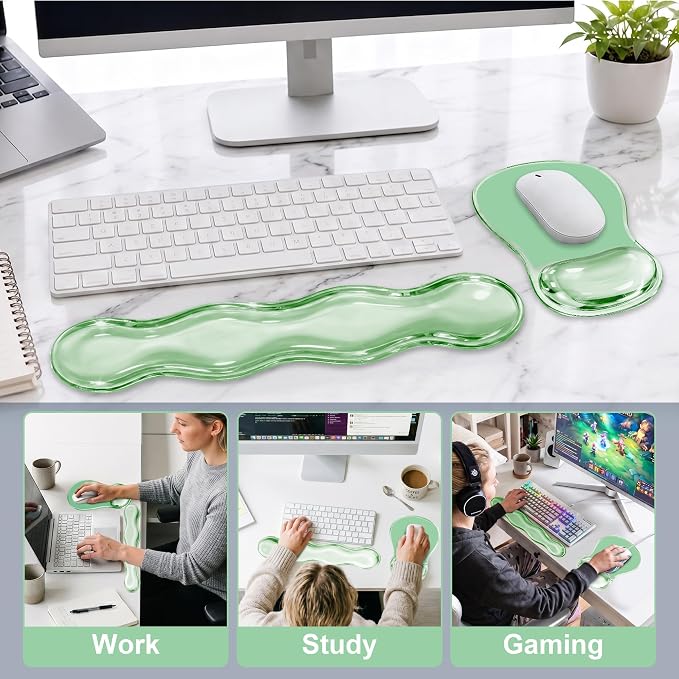 Keyboard Wrist Rest & Ergonomic Mouse Pad with Wrist Rest Set, Cute Transparent Gel Wrist Rest for Keyboard and Mouse, Soft Support for Pain Relief, Office, Gaming Desk Accessories（Green）