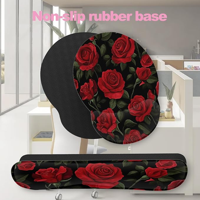 Vintage Red Rose Ergonomic Wrist Support Keyboard Mouse Wrist Rest Set, Computer Office Comfortable Wrist Rest for Mouse Easy Typing